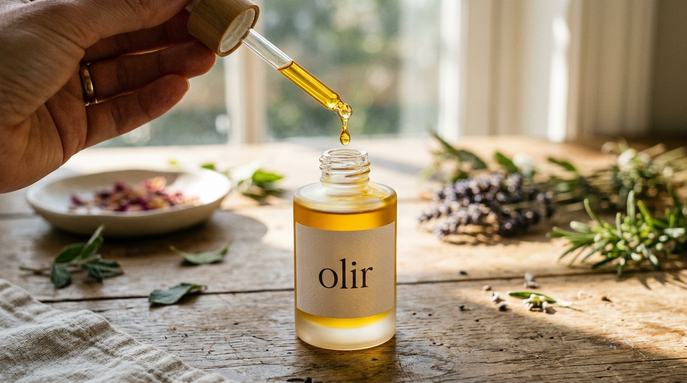 An editorial still life of botanical hair oil
