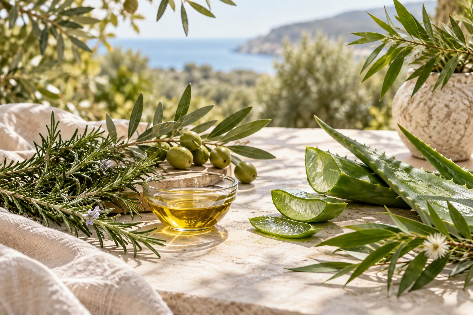 Rosemary, olive oil, aloe vera and tea tree botanicals arranged in soft natural light