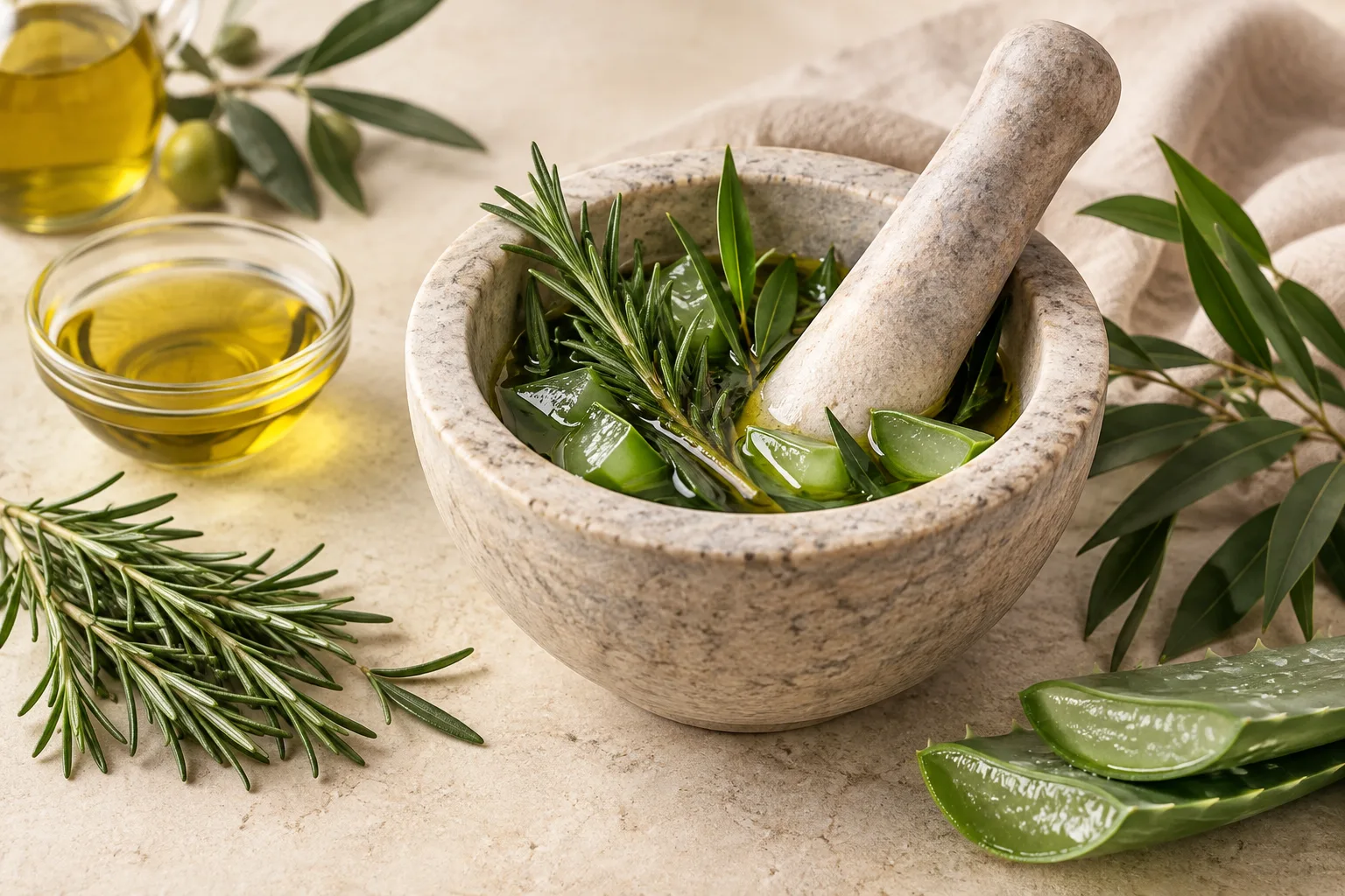 Rosemary, aloe vera, tea tree leaves and olive oil being blended in a stone mortar and pestle